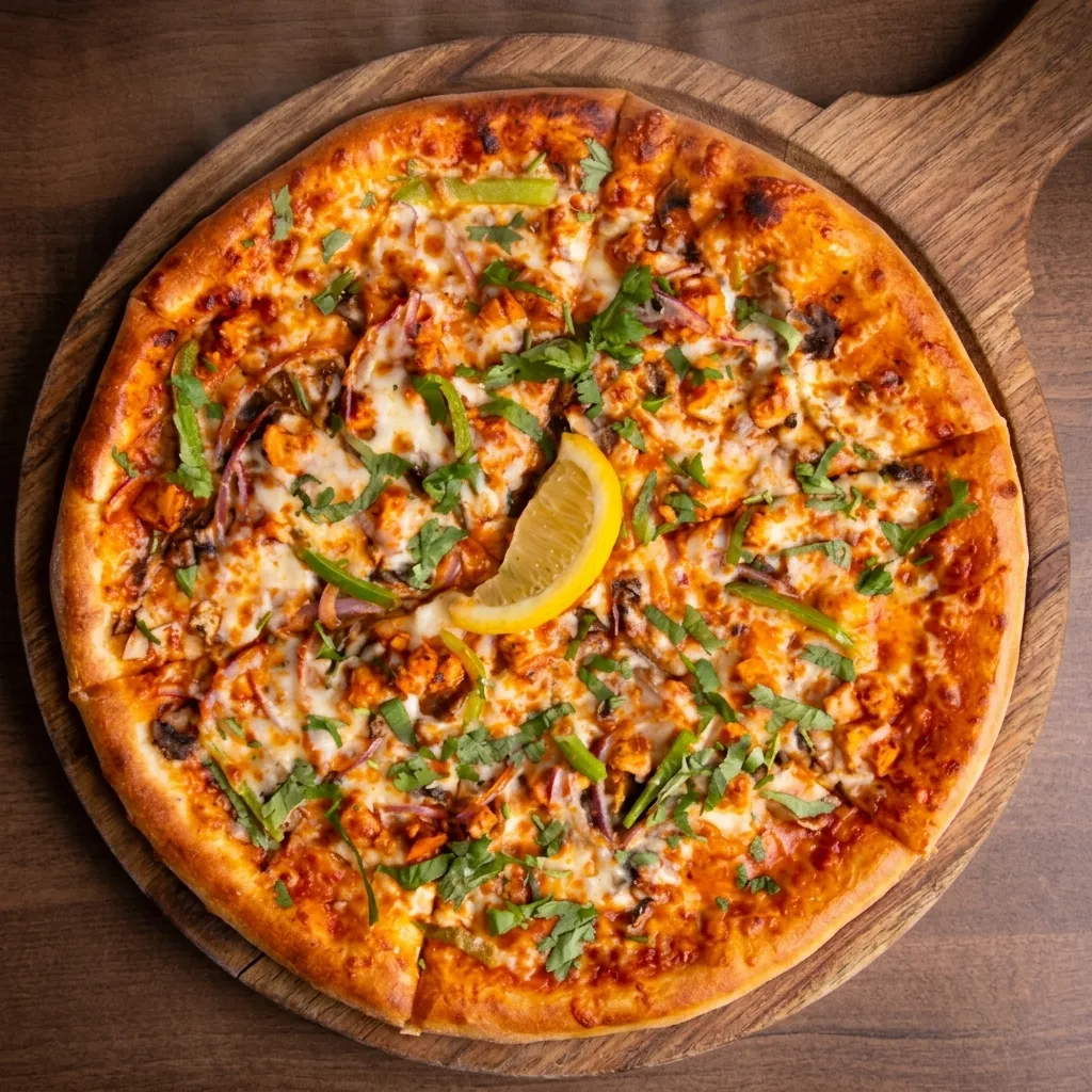 Creamy butter chicken with garlic naan, the flavour behind the Butter Chicken Pizza at Samra's Pizza in Sage Hill, Calgary