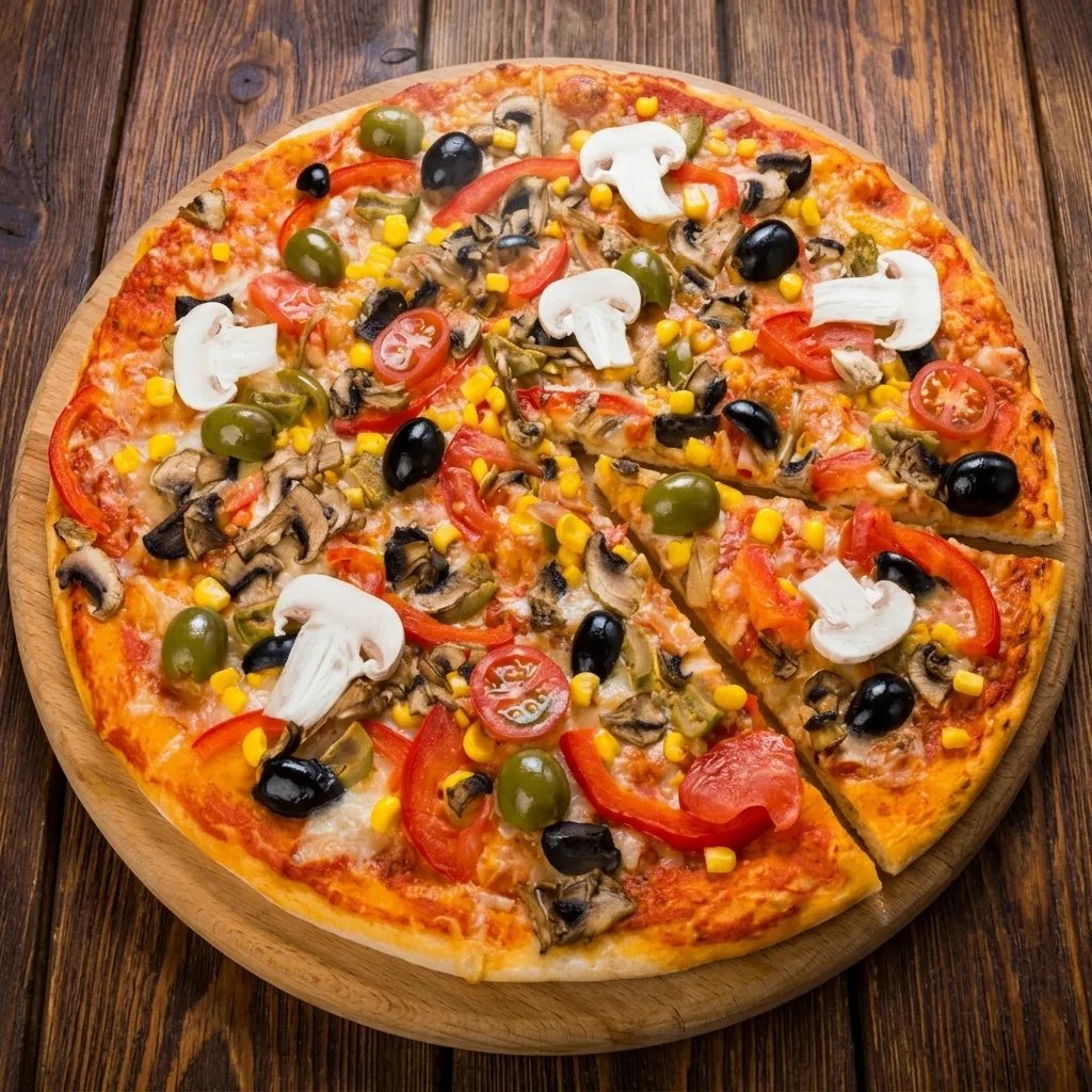 Veggie pizza with mushrooms, olives, red peppers, tomatoes and corn at Samra's Pizza in NW Calgary