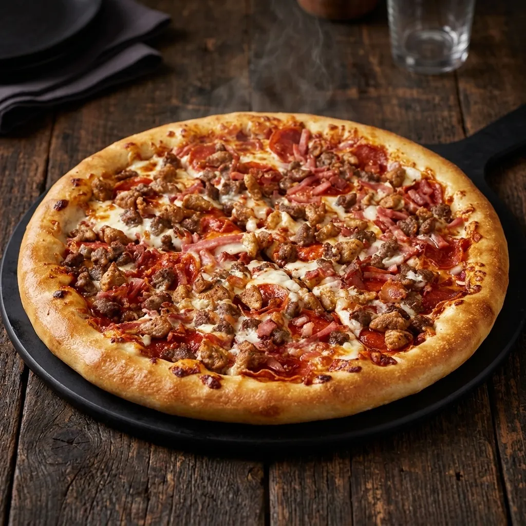 Meat-loaded pizza with pepperoni, ham, sausage and ground beef at Samra's Pizza near Sage Valley Common NW